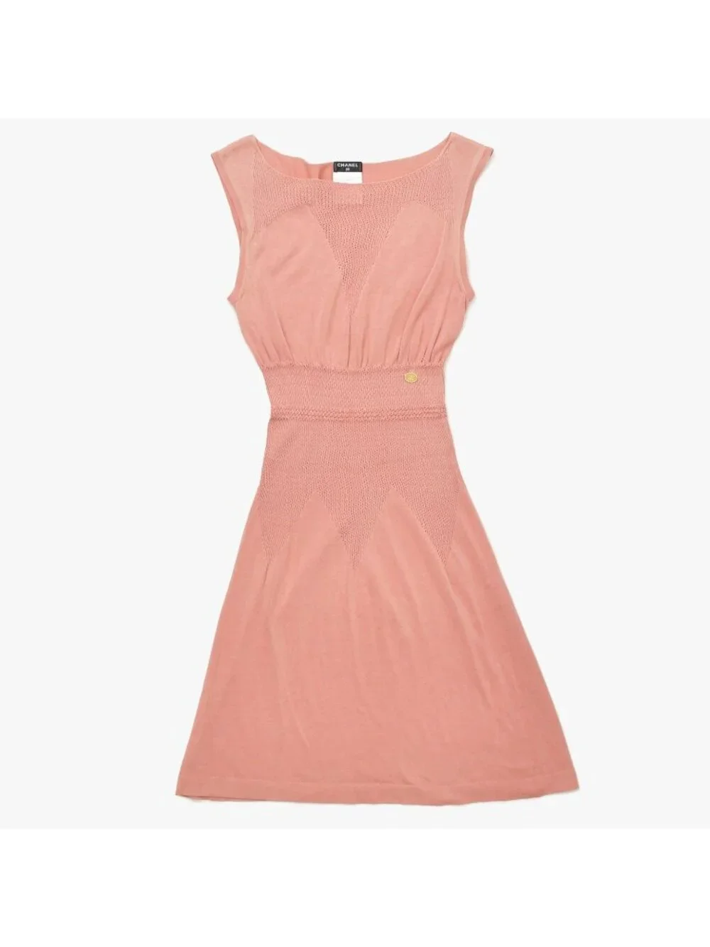Chanel CC Logo Plate Contrast Knit Sleeveless Dress Salmon Pink Silver